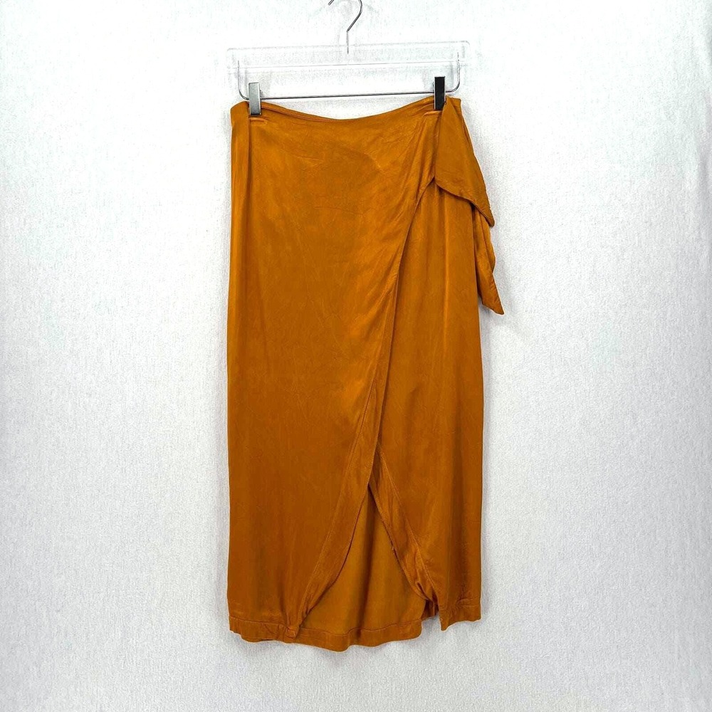ENZA COSTA Hammered Satin Wrap Slip Skirt Women Medium Saffron Lightweight Midi - Picture 3 of 16